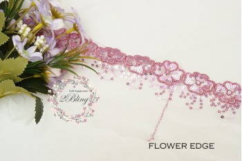 Sequin Lace, GRAPE, Flower Edge Trim, white mesh - 1m length